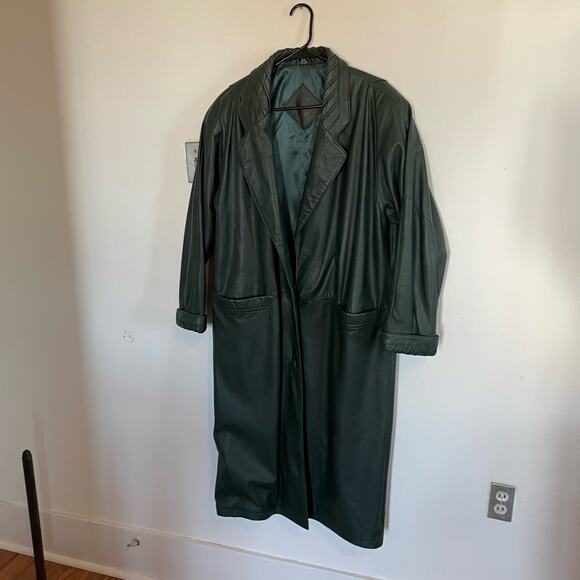 VTG Green 100% Leather Trench Coat Jacqueline Ferrar Forest Green SZ LARGE EUC - Picture 2 of 12